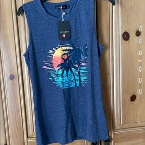 Luxe Women's Navy Muscle Tee with Sunset Palm Design